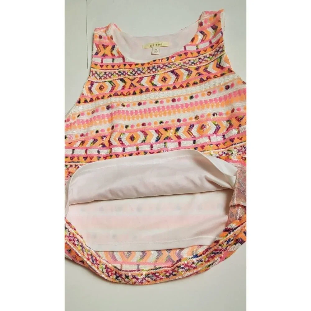 Miami Pink Sequins Aztec Design Sleeveless Top Size Medium